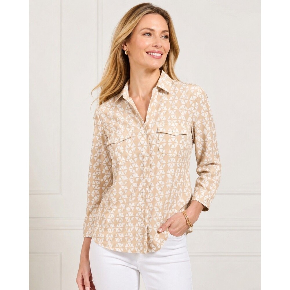 J. McLaughlin Women’s XL Beige Cream Geometric Print Button Front Shirt Blouse